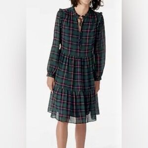 J Crew Preppy Classic Women’s Plaid Green Baby Doll Dress Ruffles Long Sleeve